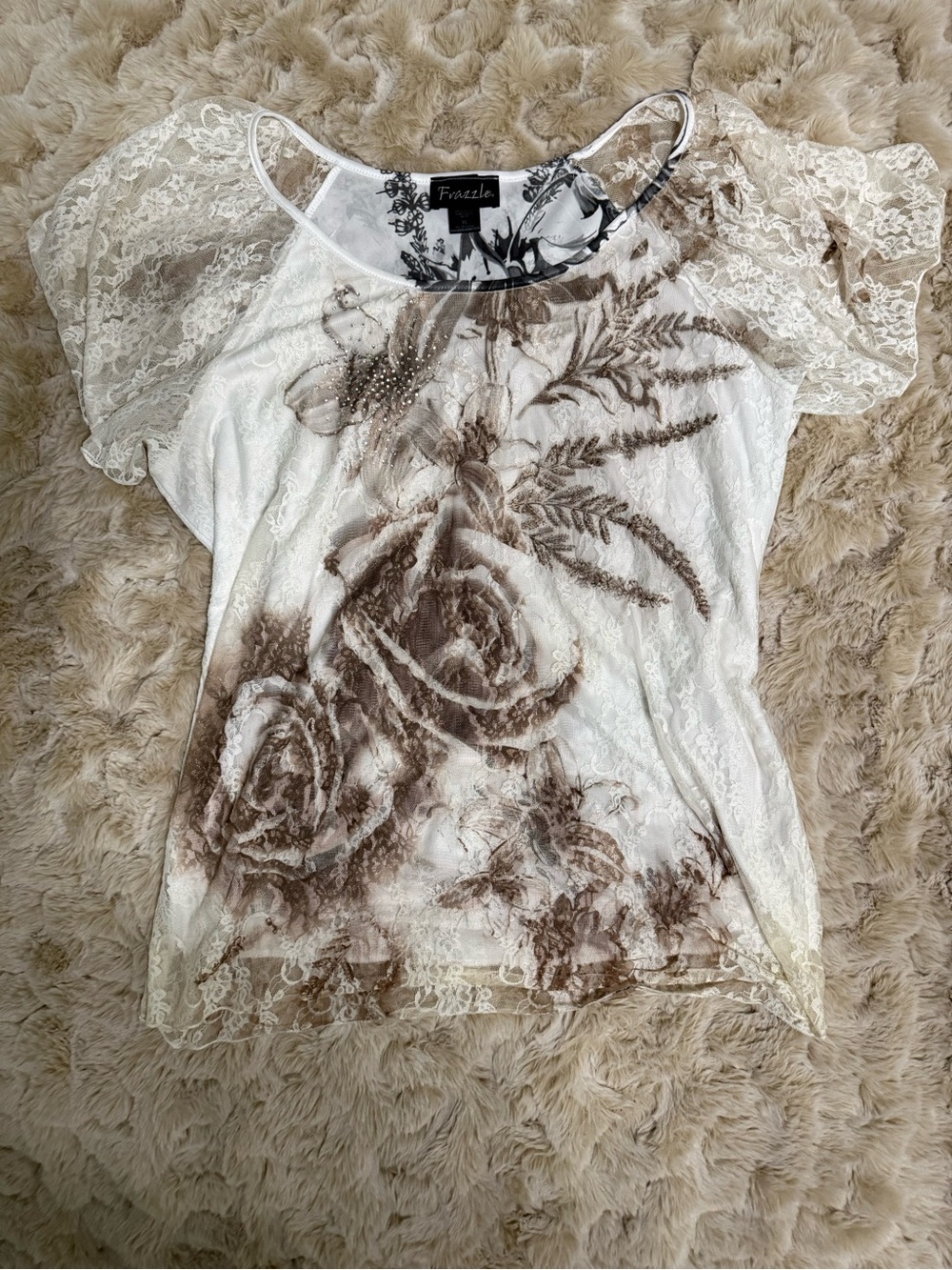 Y2K Frazzle Lace Sleeve Floral Print Top Cream/Brown